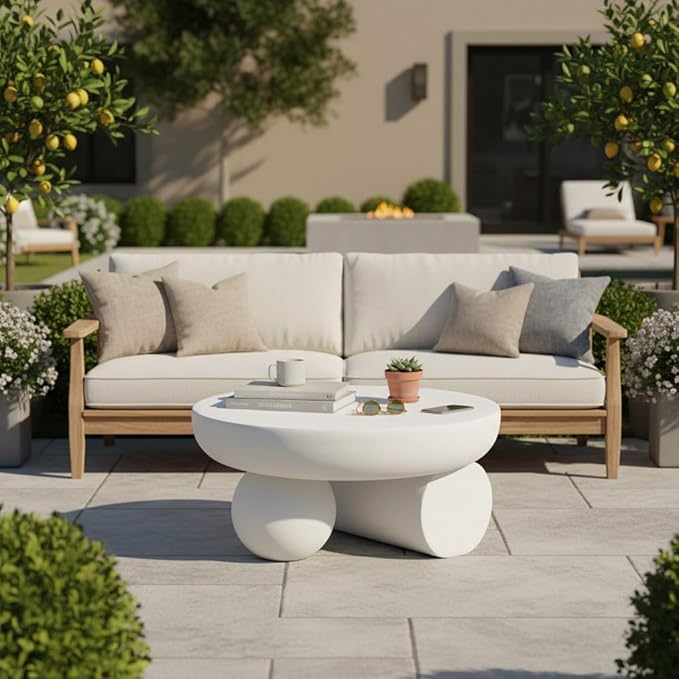 Christopher Knight Home Rico 27.5" Outdoor Coffee Table with Spherical and Cylinder Leg, MGO Round End Table with Ball Legs, No Assembly Patio Table for Poolside/Balcony/Backyard, White