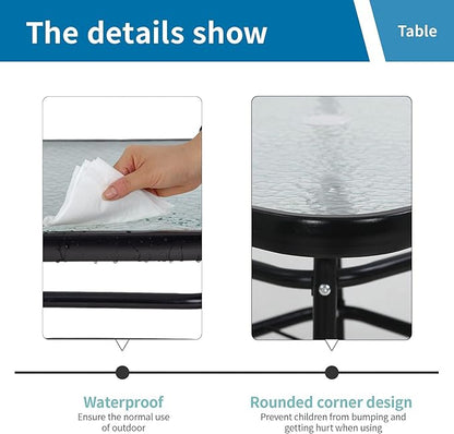 BSTOPHKL Outdoor Patio Table with Umbrella Hole, 32 inches Tempered Glass Top Square Patio Table,Conversation Coffee Table Metal Steel Frame All-Weather Furniture for Balcony, Backyard and Poolside