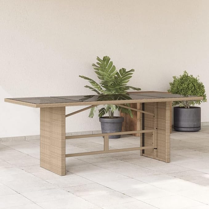 vidaXL Beige Rattan Patio Table - Glass top/Outdoor Garden Furniture - 74.8"x31.5"x29.5" | uv-Resistant