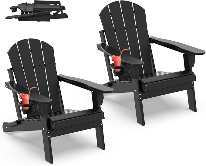 IVY&LANE Folding-Adirondack-Chairs-Set-of-2 | HDPE Plastic | Outdoor Fire Pit Chair with Cup Holder | Black | Poly | Weather Resistant | for Patio Deck Poolside Garden Beach