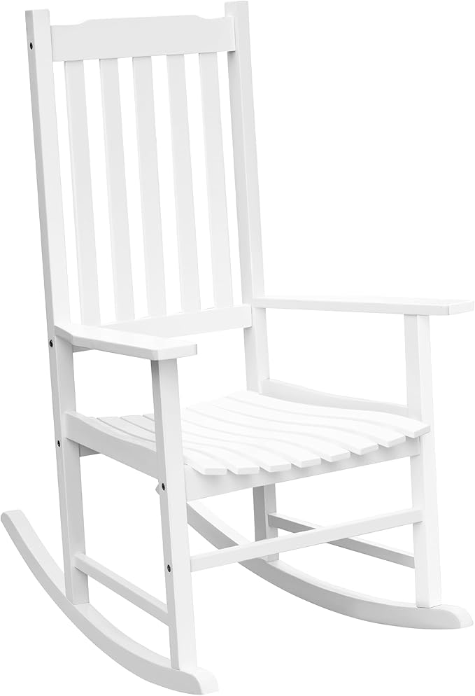 Flamaker Outdoor Rocking Chair Oversized Wooden Patio Chairs with Widened Armrest High Back Porch Rocker for Lawn, Garden, Backyard, Fire Pit (White)