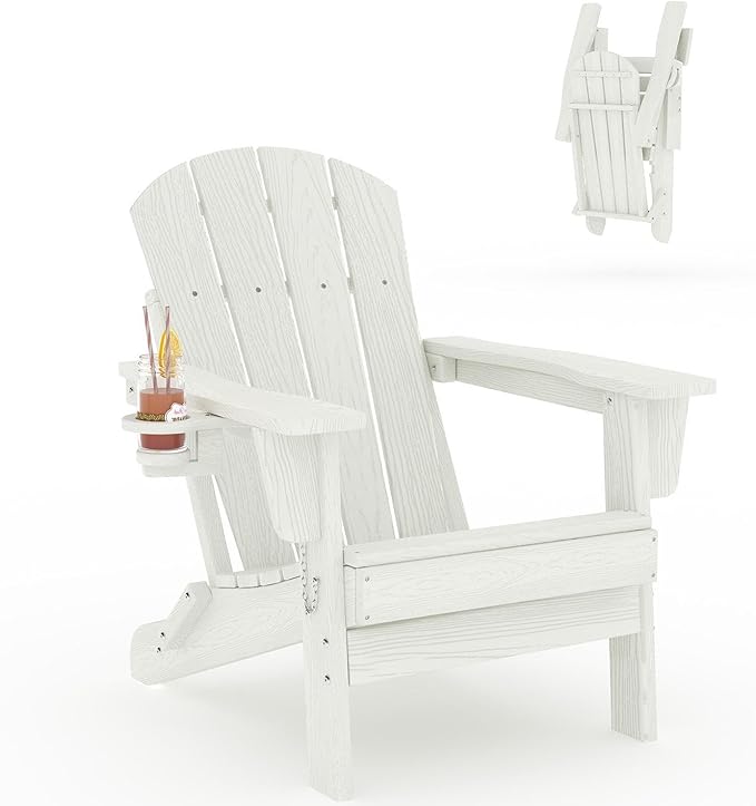 Garvee Folding Adirondack Chair, HDPE Outdoor Patio Chair with Cup Holder, All Weather Resistent Wooden Textured for patios, Decks, Gardens, fire Pit, White