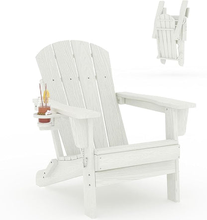 Garvee Folding Adirondack Chair, HDPE Outdoor Patio Chair with Cup Holder, All Weather Resistent Wooden Textured for patios, Decks, Gardens, fire Pit, White