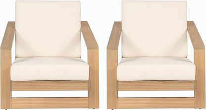 Christopher Knight Home Galio Set of 2 Acacia Wood Lounge Chair Outdoor, Wooden Patio Armchair for Lounging, Patio Furniture Single Sofa Chair Set, Comfy Reading Chair with Cushion, Light Teak+Beige