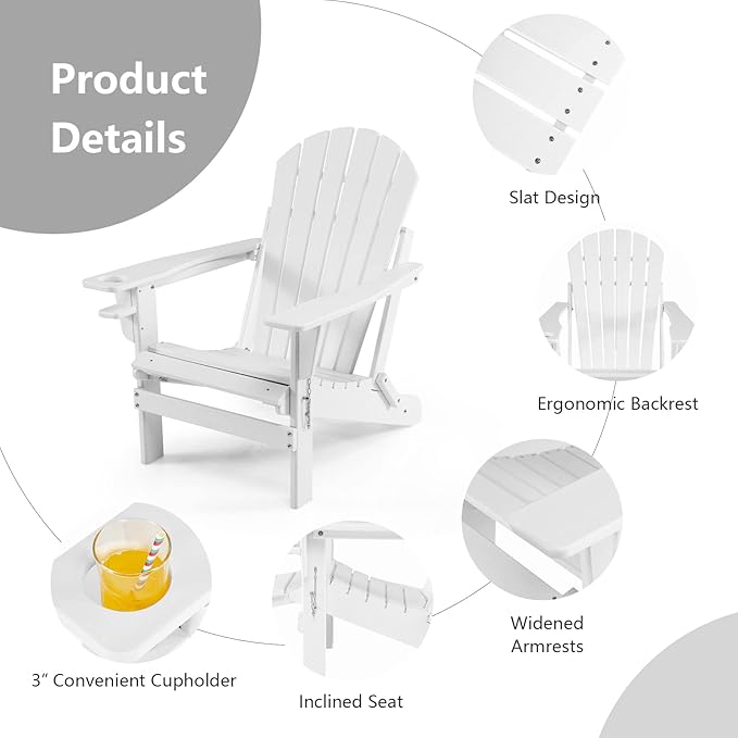 Giantex Folding Adirondack Chair, HDPE Patio Chairs Fire Pit Lounge Chair W/Retractable Ottoman & Cup Holder, Weatherproof Outdoor Adirondack Chairs for Porch, Garden, Backyard (1, White)
