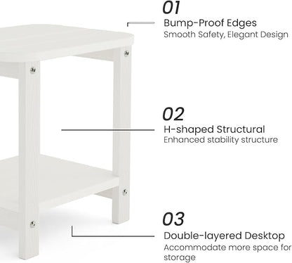 2-Tier Outdoor Side Table, 16" Adirondack Small Side Table All Weather Resistant, Patio End for Outside or Indoor, Patio, Yard, Pool, Porch, Garden, White