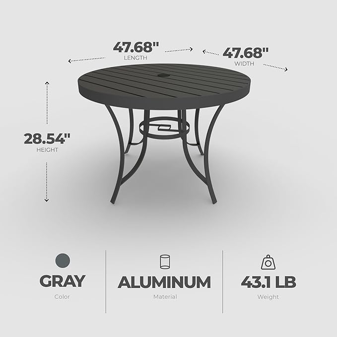 Four Seasons Courtyard Palermo Aluminum Slat Top Dining Table with Umbrella Hole and C Spring for Kitchen and Dining Room Tables, Gray