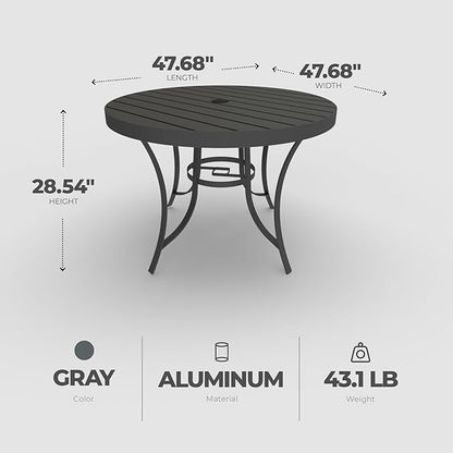 Four Seasons Courtyard Palermo Aluminum Slat Top Dining Table with Umbrella Hole and C Spring for Kitchen and Dining Room Tables, Gray