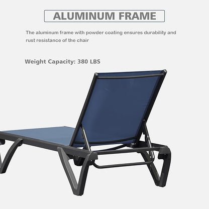 Outdoor Chaise Lounge 3 Pieces Aluminum Patio Lounge Chair with 5 Adjustable Position Recliner Chair Outside Tanning Chairs for Patio, Beach, Yard, Pool, Side Table Included (Navy Blue)
