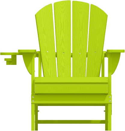 Folding Adirondack Chairs with Cup Holders, Set of 6 HDPE Plastic Outdoor Chairs, Weather Resistant, Real Wood Look, Heavy-Duty Patio Furniture for Deck, Fire Pit, Backyard, Apple Green