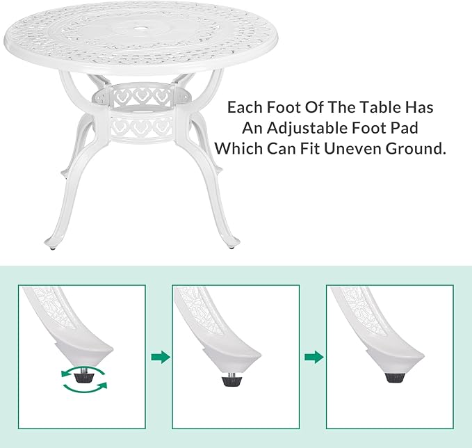 VIVIJASON 38.5" Patio Bistro Table Outdoor Dining Round Table White Cast Aluminum Table with Umbrella Hole