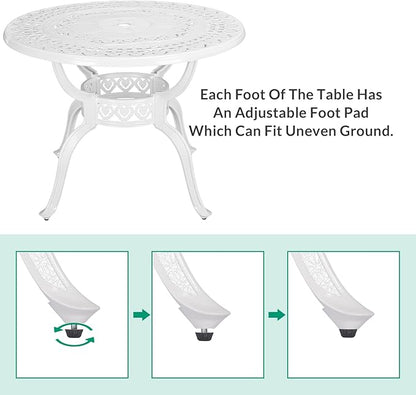 VIVIJASON 38.5" Patio Bistro Table Outdoor Dining Round Table White Cast Aluminum Table with Umbrella Hole
