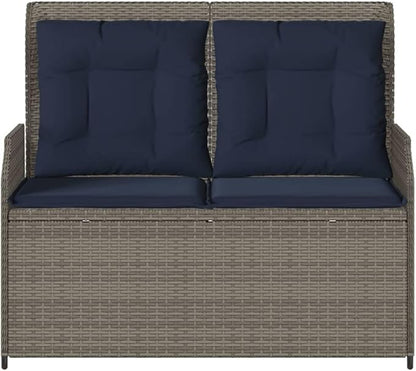 2-Seater Reclining Patio Bench with Cushions, Adjustable Garden Loveseat, Weather-Resistant PE Rattan Outdoor Sofa for Backyard, Balcony, Gray