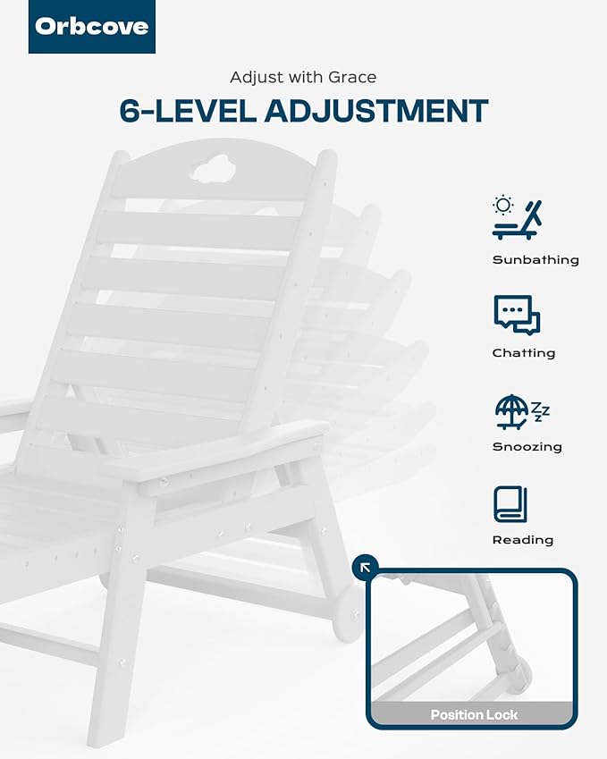 Pool Lounge Chair Outdoor, HDPE Oversize Chaise Lounge Outdoor Chair with Wheels and Cupholder, 6-Position Adjustable, for Pool, Patio, Lawn, Garden, Poolside (White, 1)