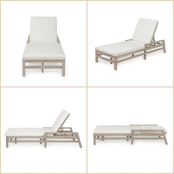 Merax Patio Chaise Lounge Chair, Adjustable Lounge Chair Outdoor with 5 Positions, 27.9" W Acacia Wood Patio Lounge Chair with Thick Cushions for Pool Deck Balcony Garden, All-Weather, Gray