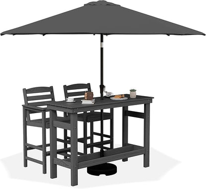 SERWALL Outdoor Bar Set with 9ft Umbrella, All-Weather HDPE Patio Bar Chairs and Table, Outdoor Furniture Set, Grey (Umbreall Base not Included)