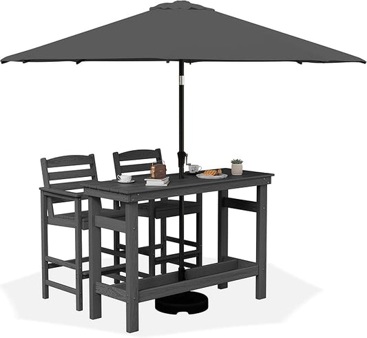 SERWALL Outdoor Bar Set with 9ft Umbrella, All-Weather HDPE Patio Bar Chairs and Table, Outdoor Furniture Set, Grey (Umbreall Base not Included)