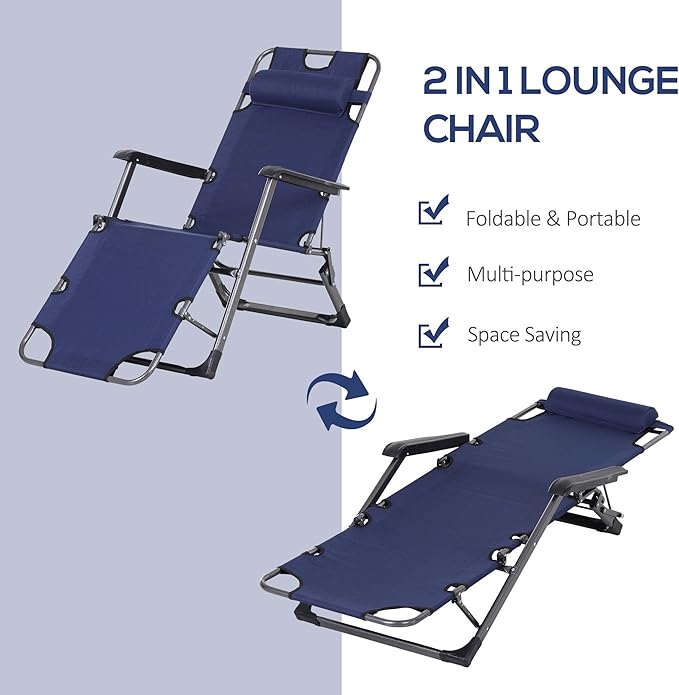 Outsunny Folding Chaise Lounge Chair for Outside, 2-in-1 Tanning Chair with Pillow & Pocket, Adjustable Pool Chair for Beach, Patio, Lawn, Deck, Navy