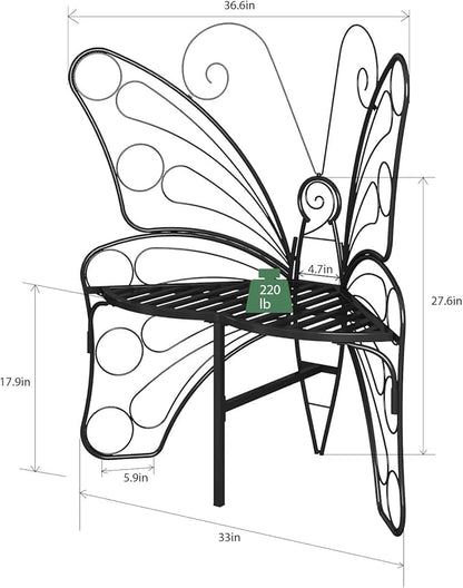 HavenlyYouth Butterfly Shaped Outdoor Bench, Black Garden Bench for Outdoor with Sturdy Stable Metal Frame, Butterfly Chair Butterfly Bench Outdoor for Garden, Yard, Balcony, Lawn (Black)
