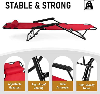Outdoor Folding Chaise Lounge Chair, Patio Sun Lounger Reclining Beach Chair Sun Patio Pool Lawn Recliner Chair (Red)