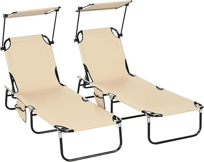Outsunny Folding Chaise Lounge Pool Lounge Chairs Set of 2, Outdoor Sun Tanning Chairs with Canopy Shade, Reclining Back, Steel Frame and Side Pocket for Beach, Yard, Patio, Tan