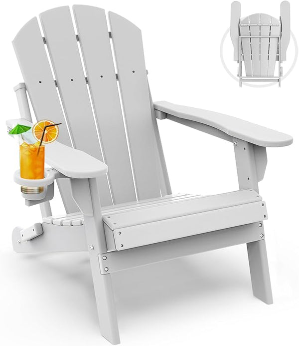 GREENVINES Folding-Adirondack-Chair | HDPE Plastic | Fire Pit Chairs | All Weather | Cup Holder | White - Photo 1