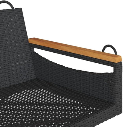 Swing Bench Black PE Rattan with Powder-Coated Steel Frame and Solid Acacia Wood Seat for Outdoor Relaxation and Patio Lounging