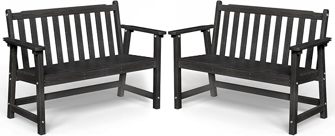 Outdoor Bench, 2-Person HDPE Garden Bench, All Weather Poly Patio Bench for Outdoors, Garden, Backyard, Porch and Park, 550 lbs Weight Capacity, Black, 2 Pack