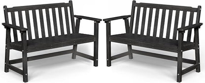 Outdoor Bench, 2-Person HDPE Garden Bench, All Weather Poly Patio Bench for Outdoors, Garden, Backyard, Porch and Park, 550 lbs Weight Capacity, Black, 2 Pack