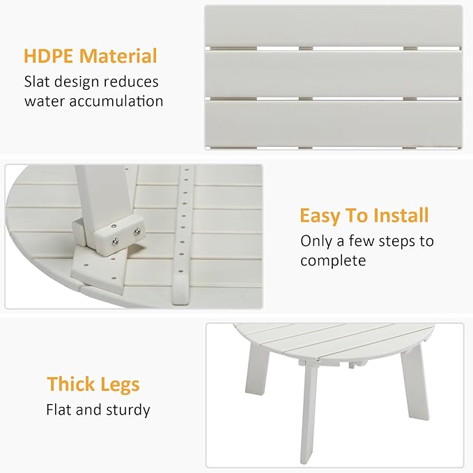 Outdoor Round Coffee Table, Adirondack Patio Coffee Table, Outdoor Large Side Table for Balcony Lawn (White)