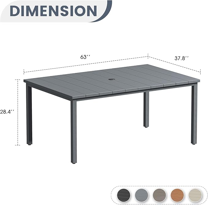 VICLLAX Outdoor Patio Dining Table for 6, 63" Rectangle Dining Table with Umbrella Hole for Porch, Backyard, Garden, Deck, Dark Grey