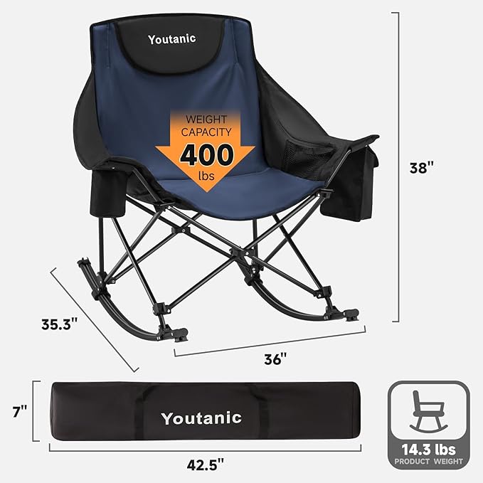 Oversized Folding Rocking Camping Chair, Padded Portable Rocking Chair with Pockets, Cup Holder and Carry Bag, Heavy Duty Outdoor Rocker Patio Chair for Garden, Lawn, Up to 400lbs, Navy Blue