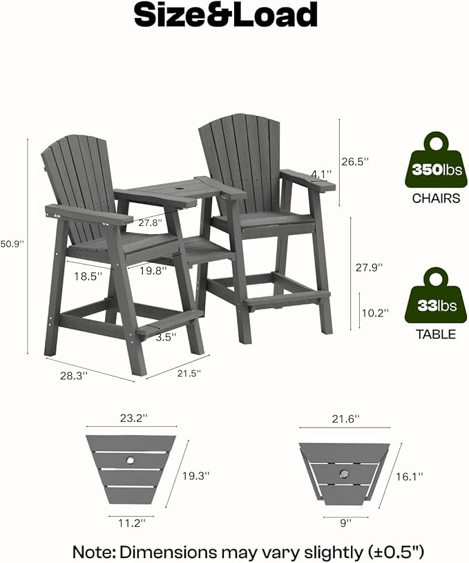 Tall Adirondack Chairs Set of 2, HDPE Outdoor Adirondack Chairs with Double Connecting Tray, Bar Height High Back Patio Chairs for Balcony, Deck, Backyard (Grey)