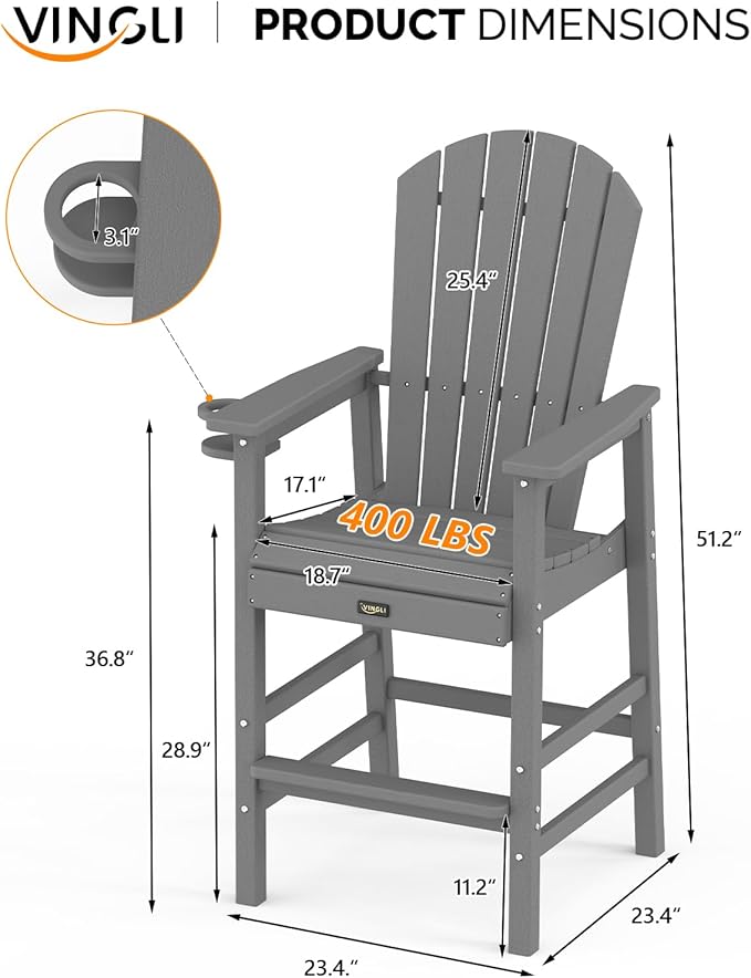 VINGLI Tall Adirondack Chair, All-Weather Plastic Adirondack Chair with Cup Holder Heavy-Duty Outdoor Barstools for - Photo 3