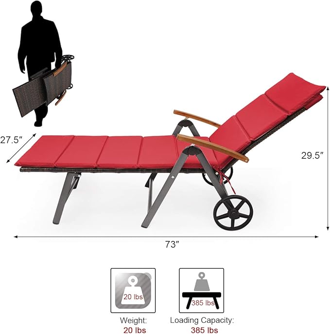 COSTWAY Folding Rattan Lounge with Wheels, Aluminum Patio Lounger with 7 Adjustable Positions, Soft Cushion - Photo 3