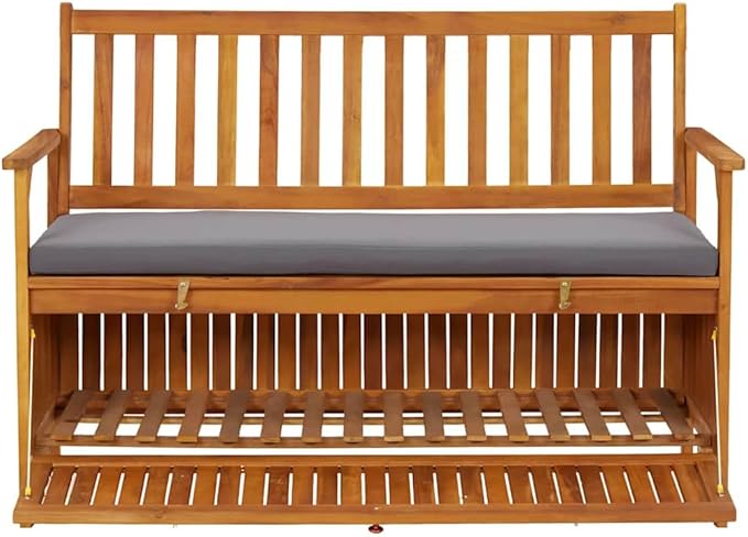Rustic Solid Acacia Wood Storage Bench with Dark Grey Seat Cushion and Natural Wood Finish for Indoor Outdoor Use, Durable Seating Furniture with Generous Internal Space,