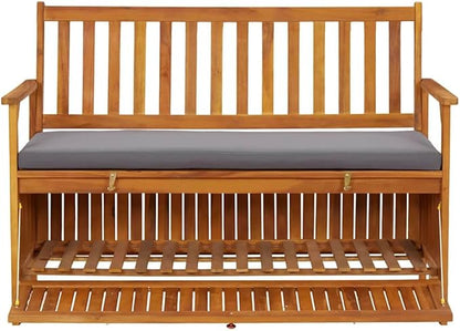 Rustic Solid Acacia Wood Storage Bench with Dark Grey Seat Cushion and Natural Wood Finish for Indoor Outdoor Use, Durable Seating Furniture with Generous Internal Space,