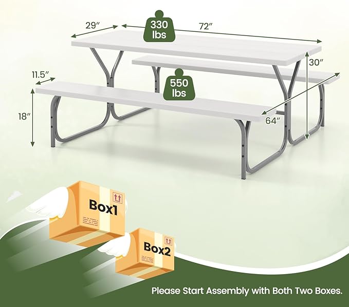 Giantex Picnic Table 6FT for 8 Person, Outdoor Table Set w/ 2 Benches, All-Weather HDPE Rectangular Tabletop - Photo 3