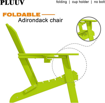 Folding Adirondack Chair with Cup Holders Set of 2, HDPE Plastic Outdoor Chairs, Weather Resistant, Real Wood Look for Patio, Deck, Fire Pit, Backyard, Apple Green