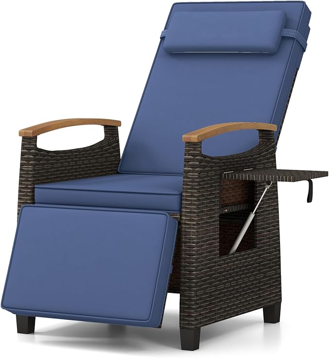 Tangkula Patio Wicker Recliner Chair, Rattan Lounge Chair w/Adjustable Backrest & Footrest, Flip Side Table, Push Back Reclining Seat w/Cushion for Backyard, Porch, Lawn (1, Navy)