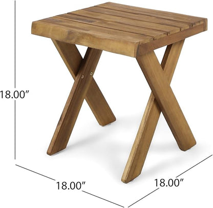 Rustic Wooden Side Table, Patio End Table with Slatted Top, Portable Small Square Outdoor Coffee Table for Garden, Balcony, or Living Room, Teak