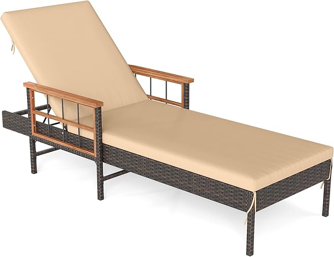 Tangkula Lounge Chair Outdoor, Patio Rattan Chaise Lounge with 4-Level Adjustable Backrest & Acacia Wood Armrests, Wicker Sunbathing Reclining Lounger with Soft Cushions for Outside (Beige)