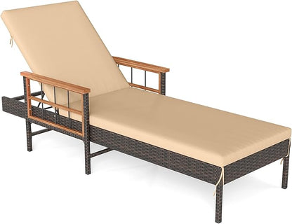 Tangkula Lounge Chair Outdoor, Patio Rattan Chaise Lounge with 4-Level Adjustable Backrest & Acacia Wood Armrests, Wicker Sunbathing Reclining Lounger with Soft Cushions for Outside (Beige)