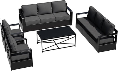 Outdoor Aluminum Furniture Set, 4-Piece Patio Conversation Set, 2 Chairs, 2 Sofa and 1 Table, All-Weather Metal Frame, 6" Thick Removable Cushions, Deep Setting for Garden, Poolside and Porch