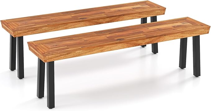 HAPPYGRILL Outdoor Acacia Wood Bench Set, 2-3 People Garden Benches with Slatted Top & Flared Metal Legs, Patio Dining Benches for Porch, Park & Backyard