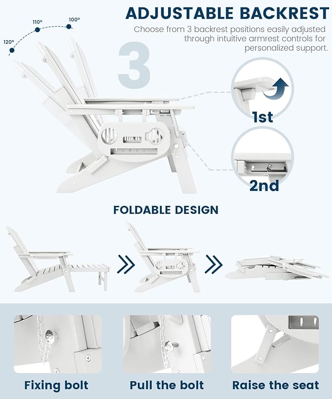 FOOWIN Folding Adjustable Adirondack Chair with Retractable Ottoman, HDPE Adirondack Chair w/4 in 1 Cup Holder Trays,All-Weather Resistant Fire Pit Chair for Outdoor Patio Lawn, White