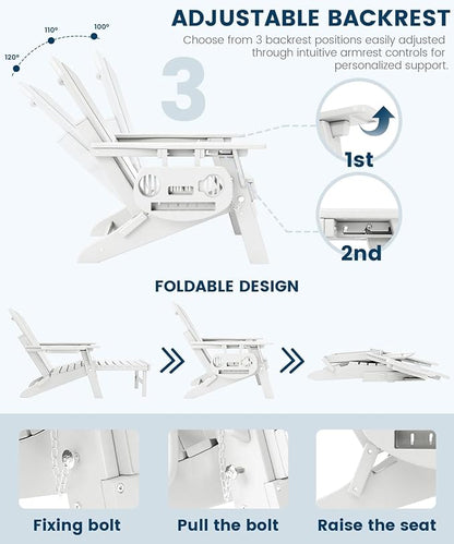 FOOWIN Folding Adjustable Adirondack Chair with Retractable Ottoman, HDPE Adirondack Chair w/4 in 1 Cup Holder Trays,All-Weather Resistant Fire Pit Chair for Outdoor Patio Lawn, White