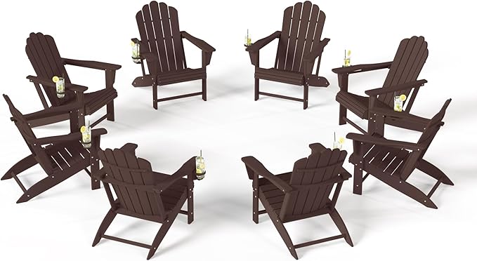 Costaelm Lakeview Outdoor Patio HDPE Adirondack Chairs with Cup Holders (Set of 8), Dark Brown
