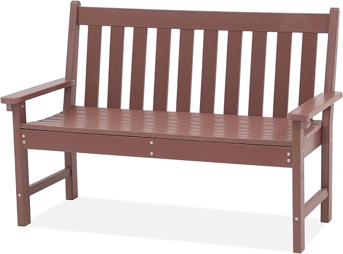 COBANA Outdoor Garden Bench, All Weather HDPE Patio Porch Bench with Faux Wood Grain Pattern, 2-Person Seat for Lawn, Park, Backyard, Entryway, Brown