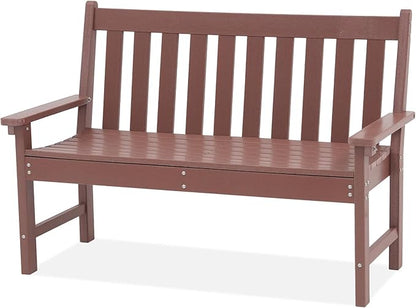COBANA Outdoor Garden Bench, All Weather HDPE Patio Porch Bench with Faux Wood Grain Pattern, 2-Person Seat for Lawn, Park, Backyard, Entryway, Brown
